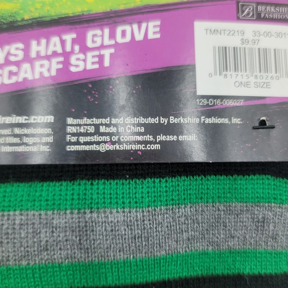 TMNT Boys Hat Glove and Scarf Set Nickelodeon Ninja Turtles Green Black Striped